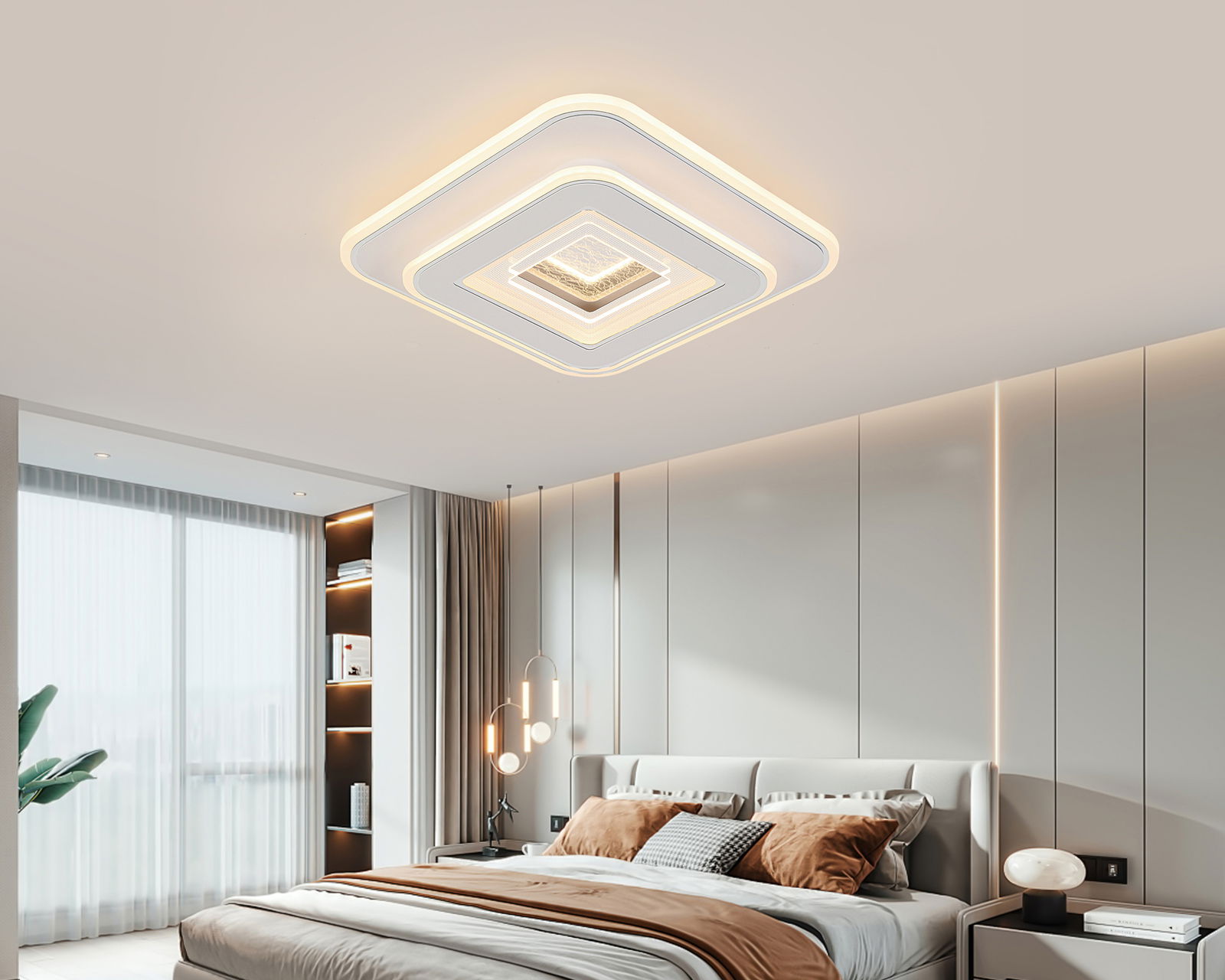 Moderne LED-Deckenleuchte in quadratischem Design, installiert in einem stilvollen Schlafzimmer mit Blick von unten.