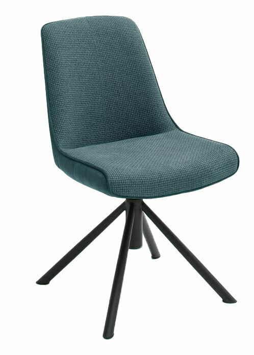 Moderner Stuhl der Serie RIALTO in grünem Stoffbezug mit schwarzem Metallgestell, seitliche Perspektive