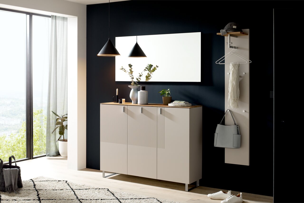 Moderner Eingangsbereich mit Hängeschuhschrank und Garderobenpaneel, seitliche Perspektive