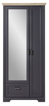 Vorderansicht eines breiten, dunkelgrauen Garderobenschranks mit Spiegel und Holzoberfläche.