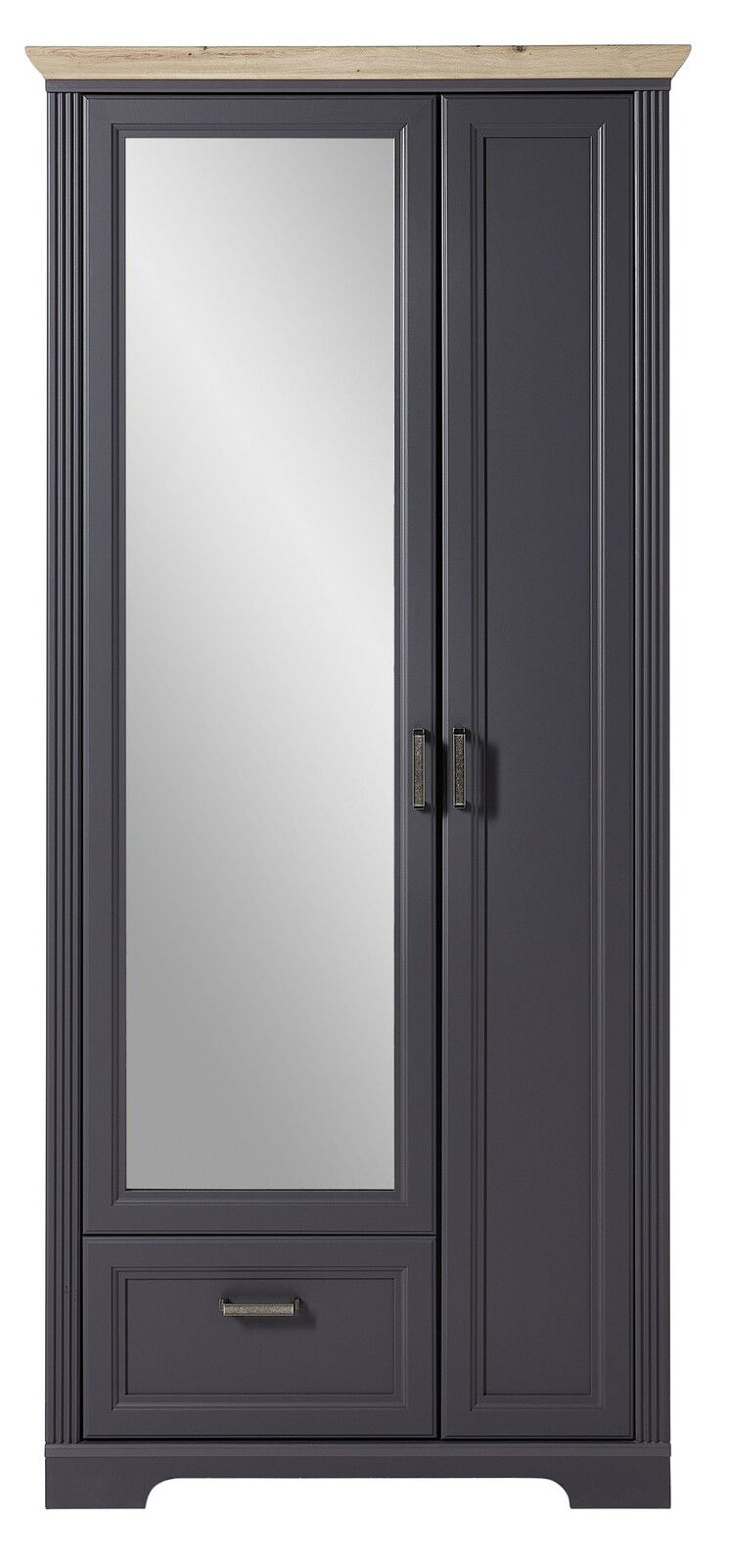 Vorderansicht eines breiten, dunkelgrauen Garderobenschranks mit Spiegel und Holzoberfläche.