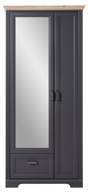 Vorderansicht eines breiten, dunkelgrauen Garderobenschranks mit Spiegel und Holzoberfläche.