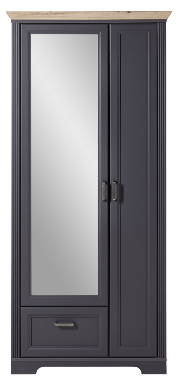 Vorderansicht eines breiten, dunkelgrauen Garderobenschranks mit Spiegel und Holzoberfläche.