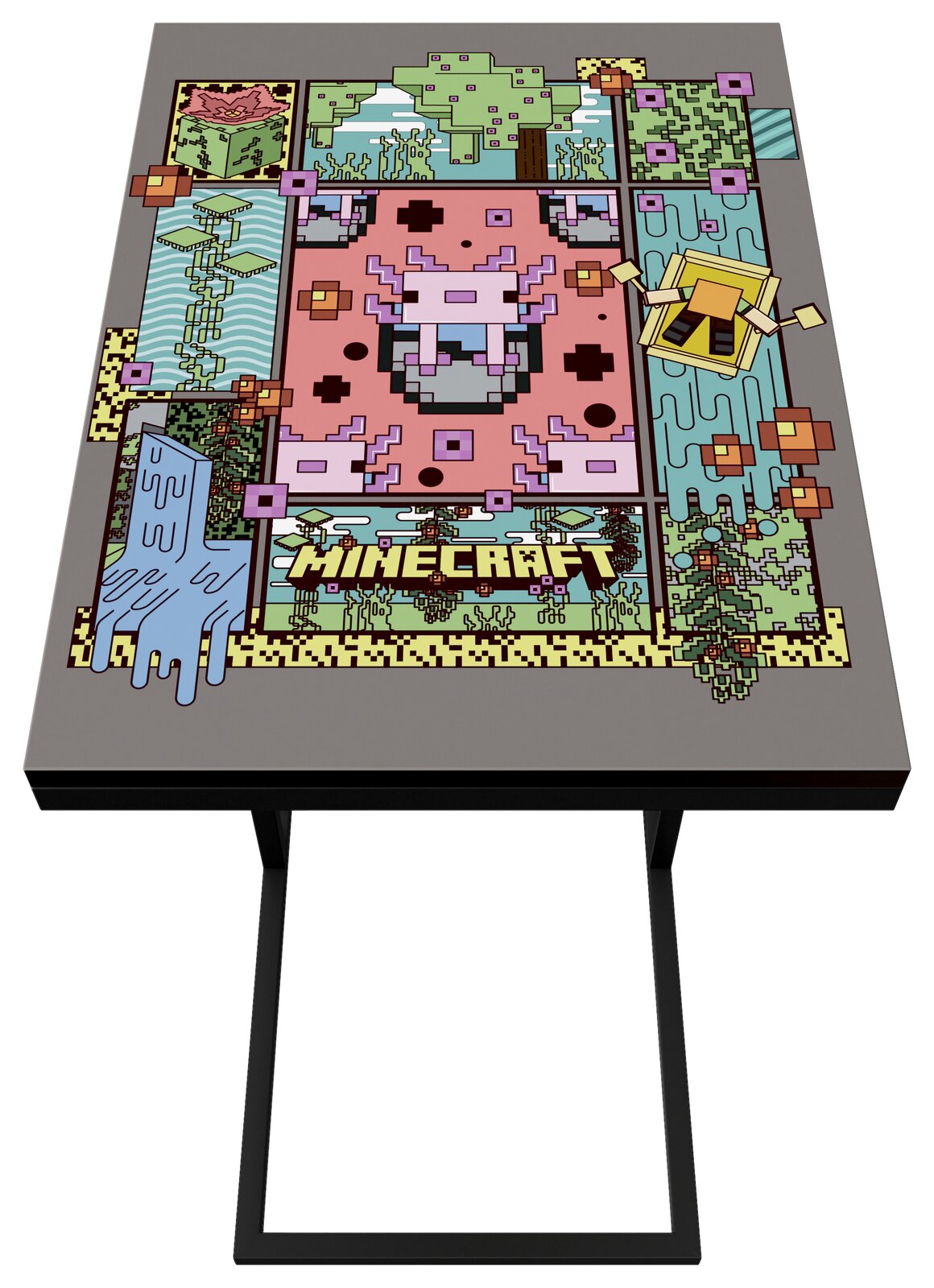 Schwarzer Beistelltisch mit Minecraft-Motiv auf der Tischplatte (Axolotl und Unterwasser-Design), gezeigt in schräger Draufsicht von oben.