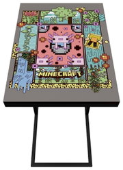 Zwarte bijzettafel met Minecraft-motief op het tafelblad (axolotl en onderwaterontwerp), afgebeeld in een schuin bovenaanzicht.