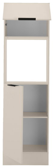 Hochschrank für Backofen und Kühlschrank, frontal betrachtet, mit offenem Fach und zwei geschlossenen Fächern.