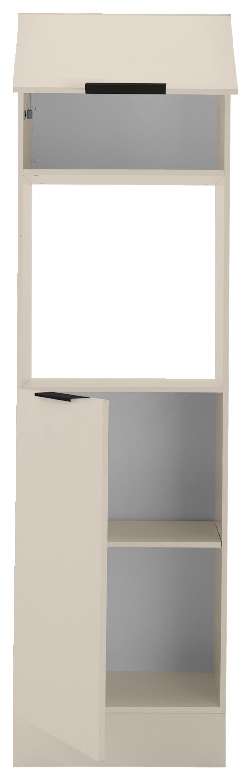 Hochschrank für Backofen und Kühlschrank, frontal betrachtet, mit offenem Fach und zwei geschlossenen Fächern.