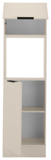 Hochschrank für Backofen und Kühlschrank, frontal betrachtet, mit offenem Fach und zwei geschlossenen Fächern.