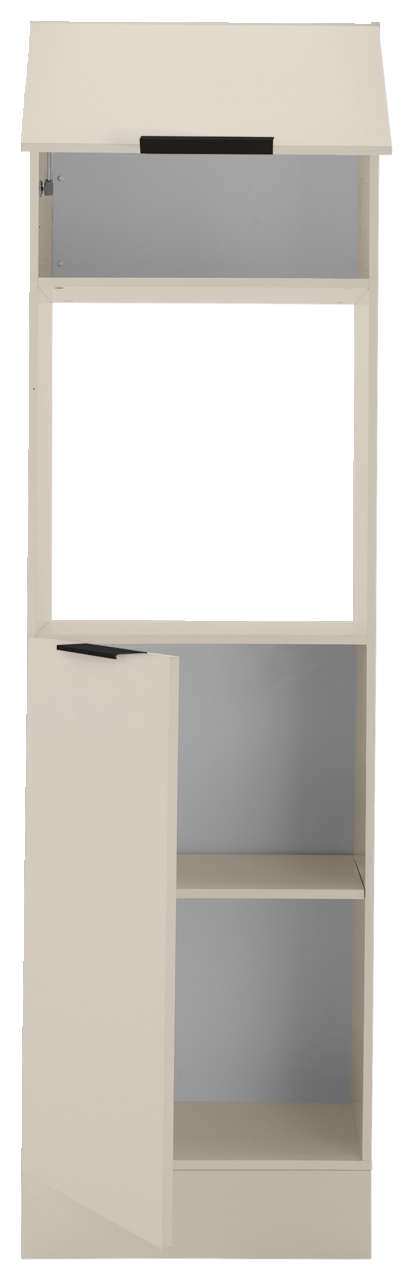 Hochschrank für Backofen und Kühlschrank, frontal betrachtet, mit offenem Fach und zwei geschlossenen Fächern.