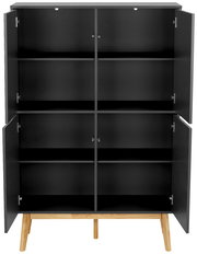 Offenes Highboard mit sechs Fächern und Holzbeinen, frontale Ansicht