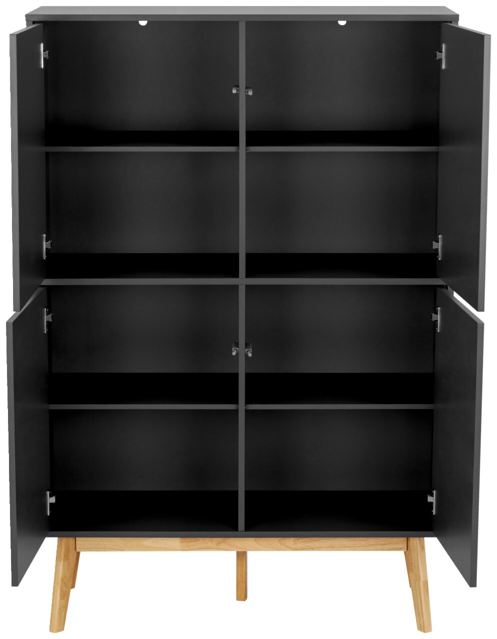 Offenes Highboard mit sechs Fächern und Holzbeinen, frontale Ansicht