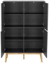 Offenes Highboard mit sechs Fächern und Holzbeinen, frontale Ansicht