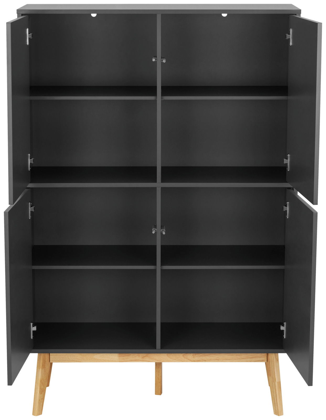 Offenes Highboard mit sechs Fächern und Holzbeinen, frontale Ansicht