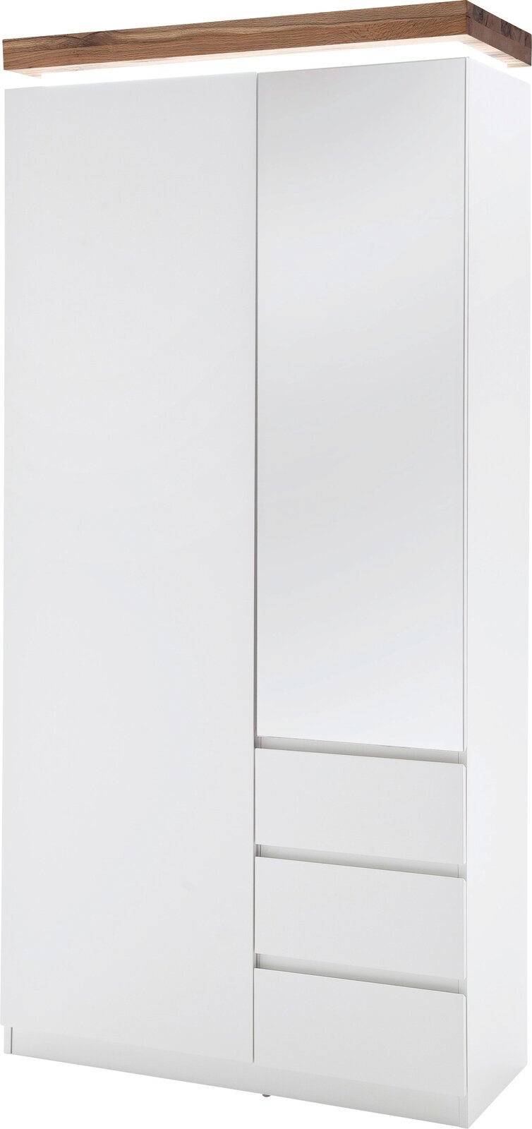 Novel Garderobenschrank ROMINA Moderner weißer Garderobenschrank mit Holzoberfläche, Spiegel und Schubladen, Frontalansicht.