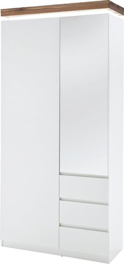 Moderner weißer Garderobenschrank mit Holzoberfläche, Spiegel und Schubladen, Frontalansicht.