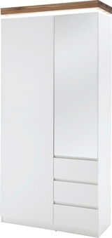 Moderner weißer Garderobenschrank mit Holzoberfläche, Spiegel und Schubladen, Frontalansicht.