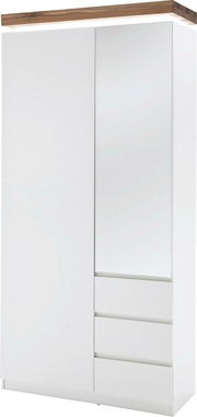 Moderner weißer Garderobenschrank mit Holzoberfläche, Spiegel und Schubladen, Frontalansicht.