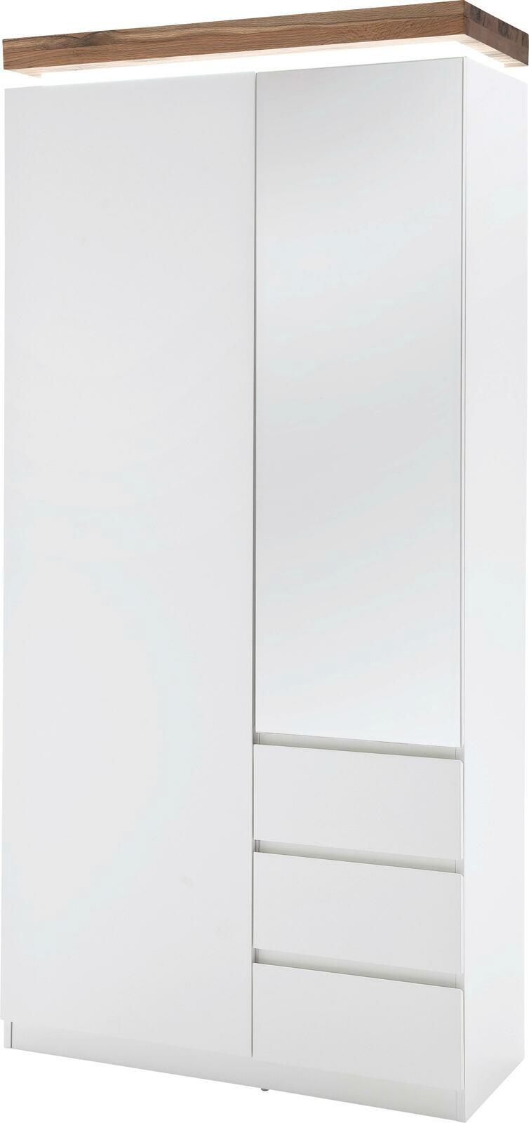 Moderner weißer Garderobenschrank mit Holzoberfläche, Spiegel und Schubladen, Frontalansicht.