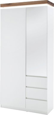 Moderner weißer Garderobenschrank mit Holzoberfläche, Spiegel und Schubladen, Frontalansicht.