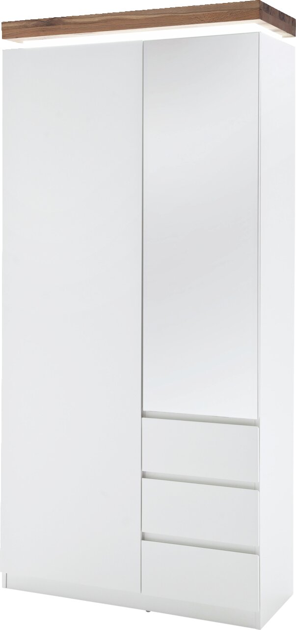 Moderner weißer Garderobenschrank mit Holzoberfläche, Spiegel und Schubladen, Frontalansicht.