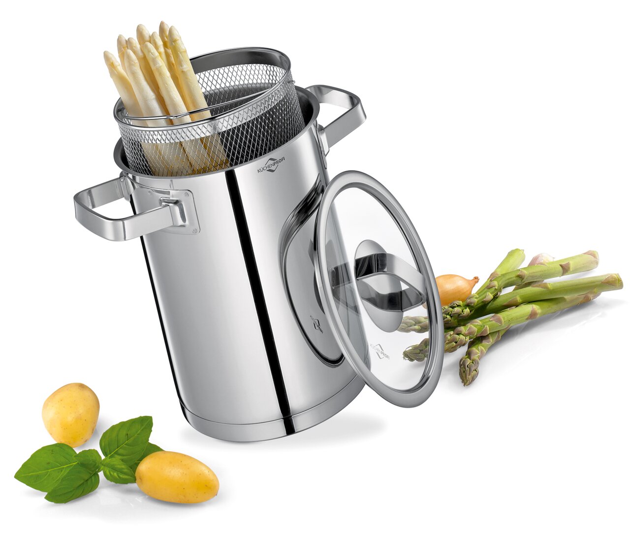 Edelstahl-Spargelkocher SAN REMO mit Deckel und herausnehmbarem Korb, gefüllt mit weißem Spargel, aus seitlicher Perspektive.