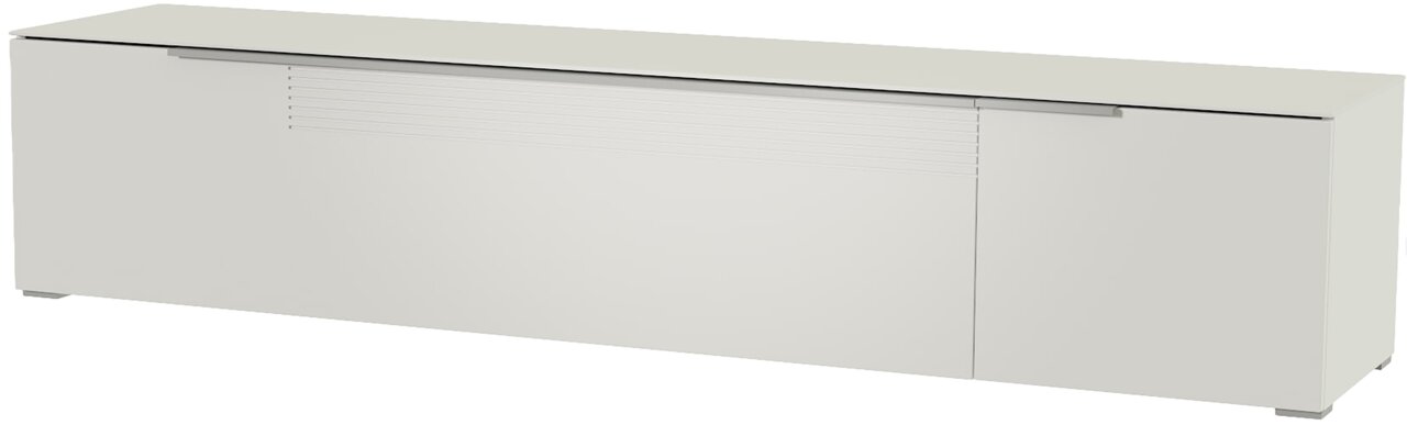 Weißes XL TV-Lowboard aus der Perspektive von vorne links