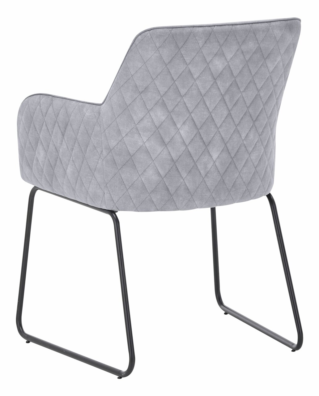 Achterkant van een grijze stoel met glijders, een gestikte stoffen bekleding en een zwart metalen frame.