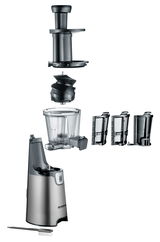 Explosionsansicht eines Slow Juicers mit allen Komponenten, einschließlich Motorbasis, Saftbehälter, Pressschnecke und verschiedenen Sieben, aus seitlicher Perspektive.