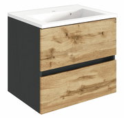 Waschplatz mit weißem Waschbecken und Holzoptik-Fronten, seitliche Perspektive