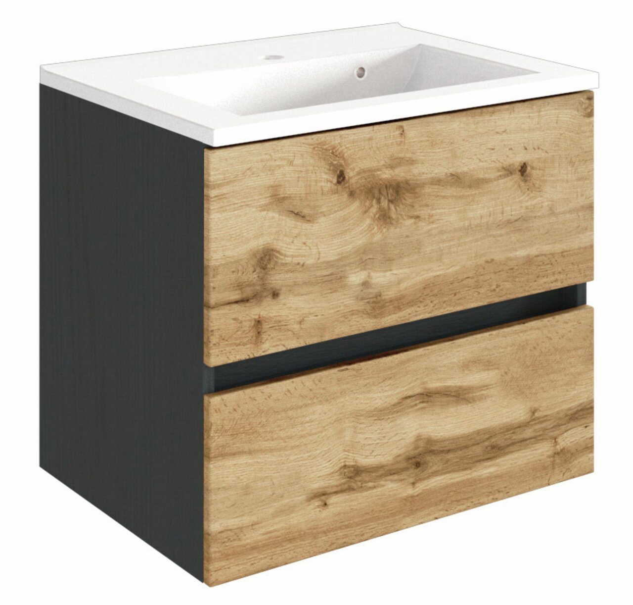 Waschplatz mit weißem Waschbecken und Holzoptik-Fronten, seitliche Perspektive