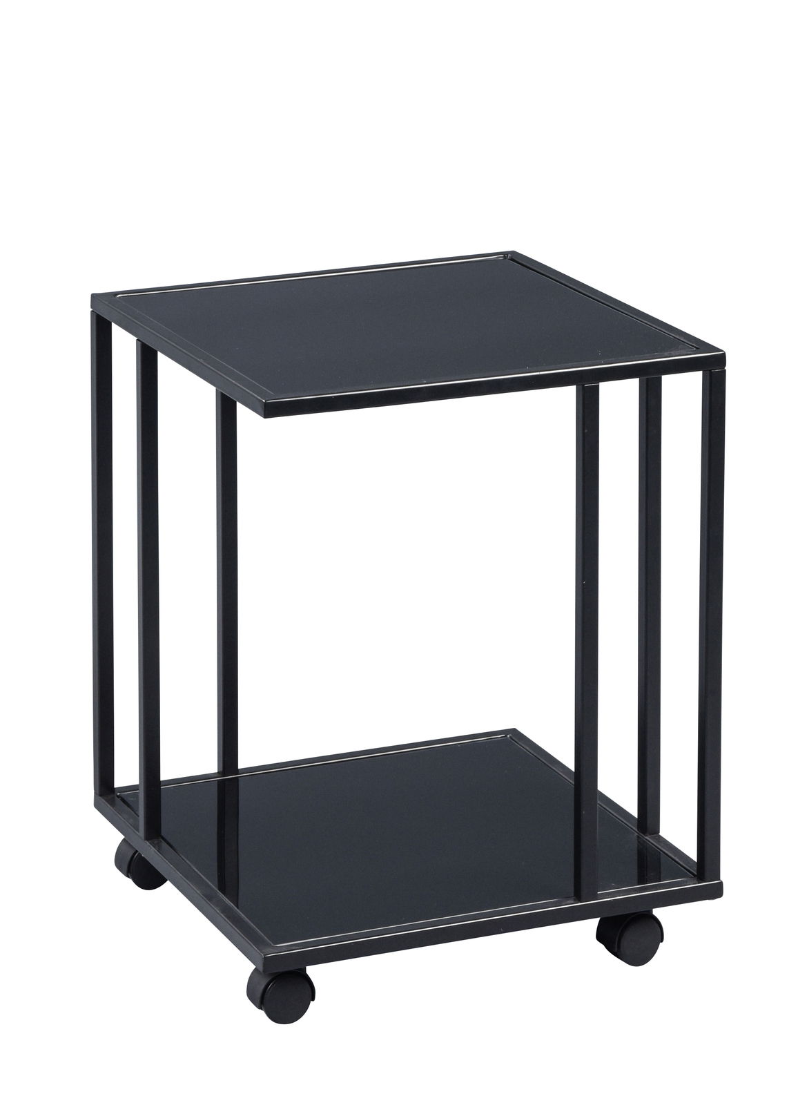 Z2 Beistelltisch PARIS Moderner schwarzer Beistelltisch mit zwei Ebenen und Rollen, seitliche Perspektive