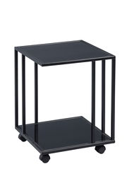 Moderner schwarzer Beistelltisch mit zwei Ebenen und Rollen, seitliche Perspektive