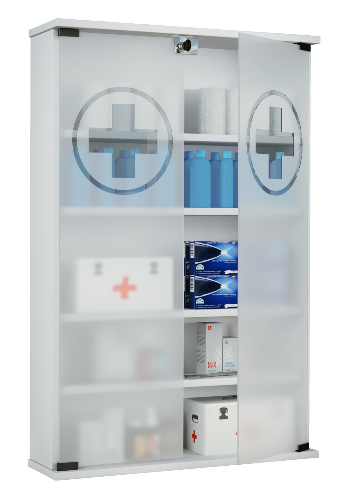 Weißer Medikamentenschrank mit zwei mattierten Glastüren und Apothekenkreuz-Motiv, rechte Tür geöffnet mit sichtbaren Regalböden und Arzneimitteln; Perspektive: frontale Ansicht leicht von links.