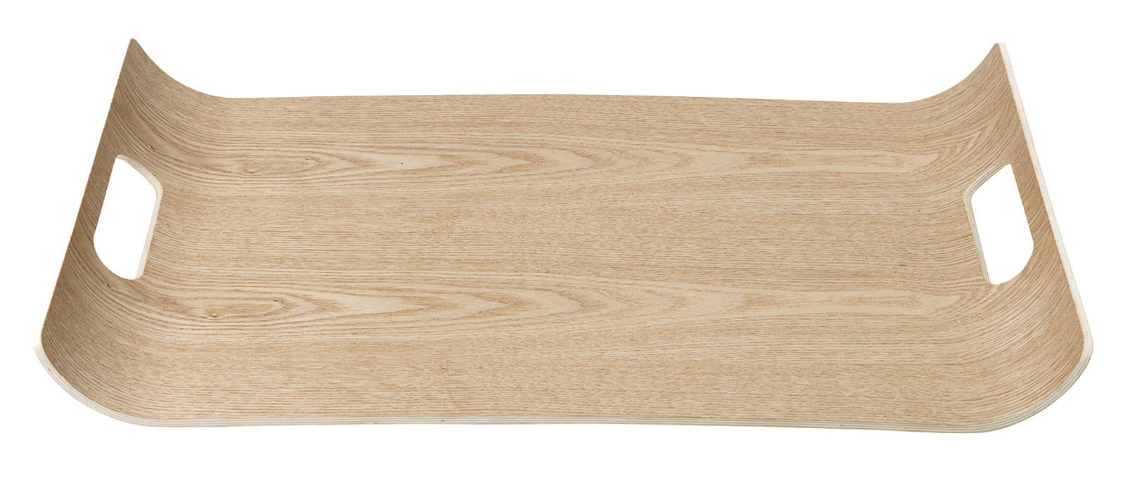 Holztablett mit natürlicher Maserung und seitlichen Griffen, Ansicht von oben