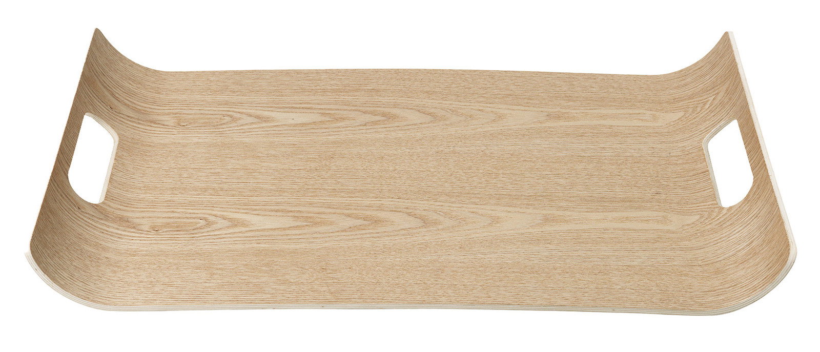 Holztablett mit natürlicher Maserung und seitlichen Griffen, Ansicht von oben