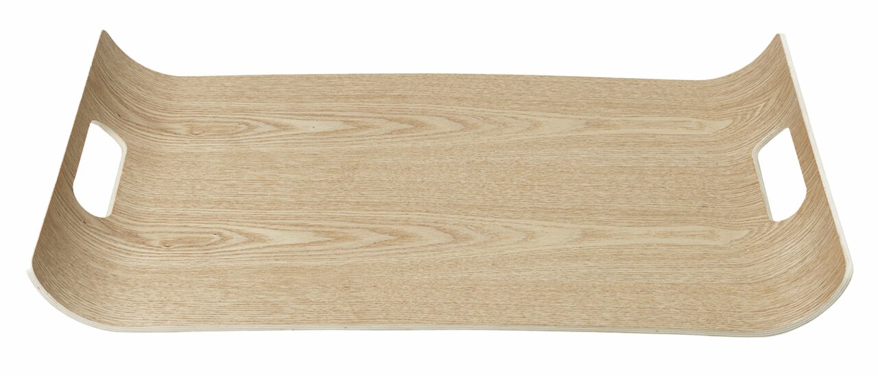 Holztablett mit natürlicher Maserung und seitlichen Griffen, Ansicht von oben