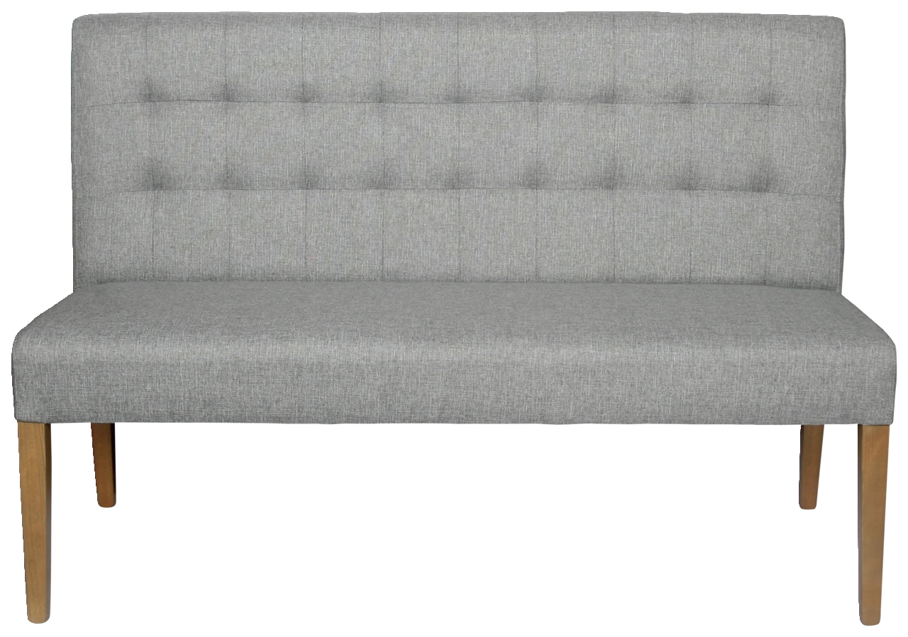 Graue Polsterbank mit Holzbeinen, Frontalansicht