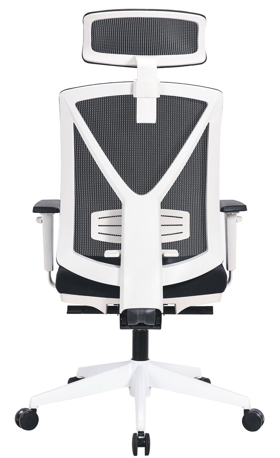 Rückansicht eines modernen weißen Drehstuhls mit Netzrückenlehne und Kopfstütze.