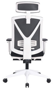 Rückansicht eines modernen weißen Drehstuhls mit Netzrückenlehne und Kopfstütze.