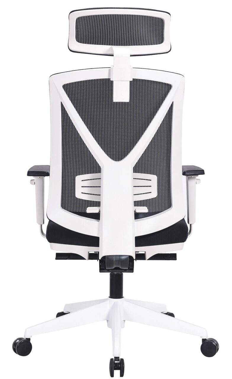 Rückansicht eines modernen weißen Drehstuhls mit Netzrückenlehne und Kopfstütze.