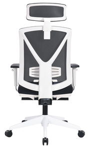 Rückansicht eines modernen weißen Drehstuhls mit Netzrückenlehne und Kopfstütze.