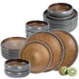 18-teiliges Tafelservice in Beige mit rustikalem Design, bestehend aus Tellern und Schalen, seitliche Perspektive