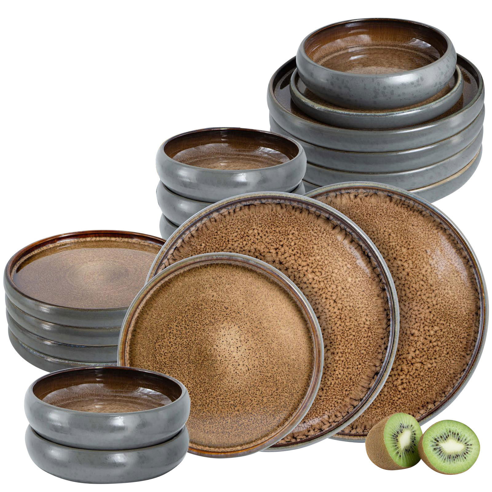 18-teiliges Tafelservice in Beige mit rustikalem Design, bestehend aus Tellern und Schalen, seitliche Perspektive