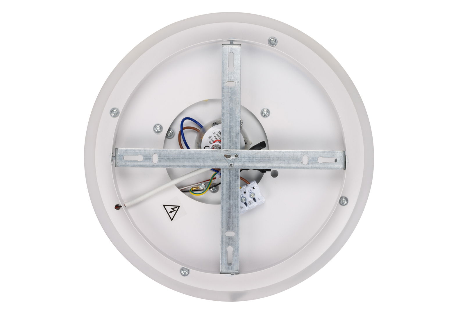 Rückansicht einer runden LED-Deckenleuchte mit sichtbarer Verkabelung und Metallhalterung.