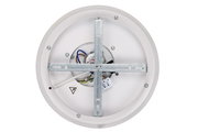 Rückansicht einer runden LED-Deckenleuchte mit sichtbarer Verkabelung und Metallhalterung.