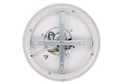 Achterkant van een ronde led-plafondlamp met zichtbare bedrading en metalen bevestiging.