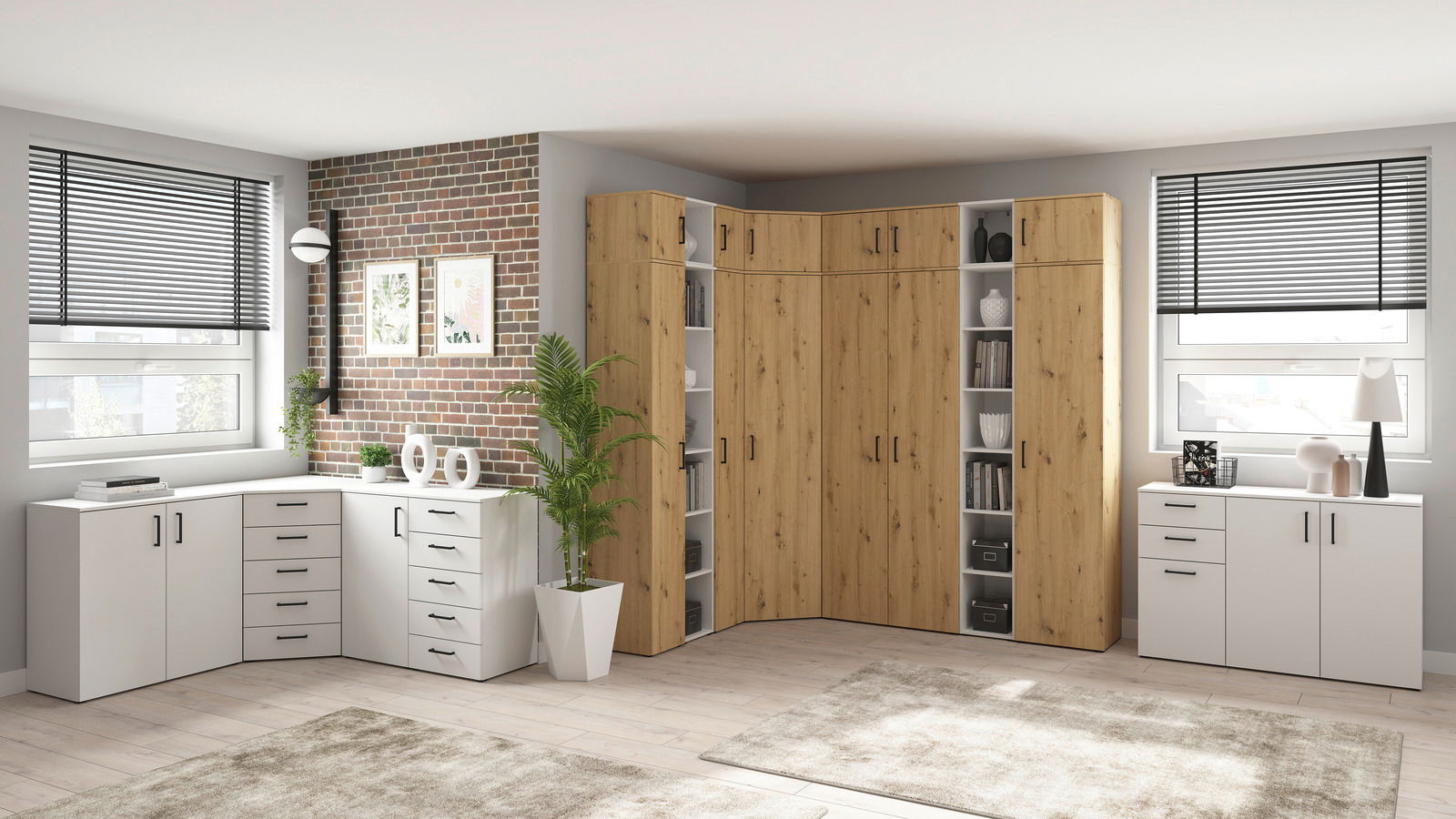 Carryhome Mehrzweckschrank MULTISTAURAUM Moderne Wohnzimmereinrichtung mit Eckschrankkombination in Holzoptik und weißen Kommoden, seitliche Perspektive