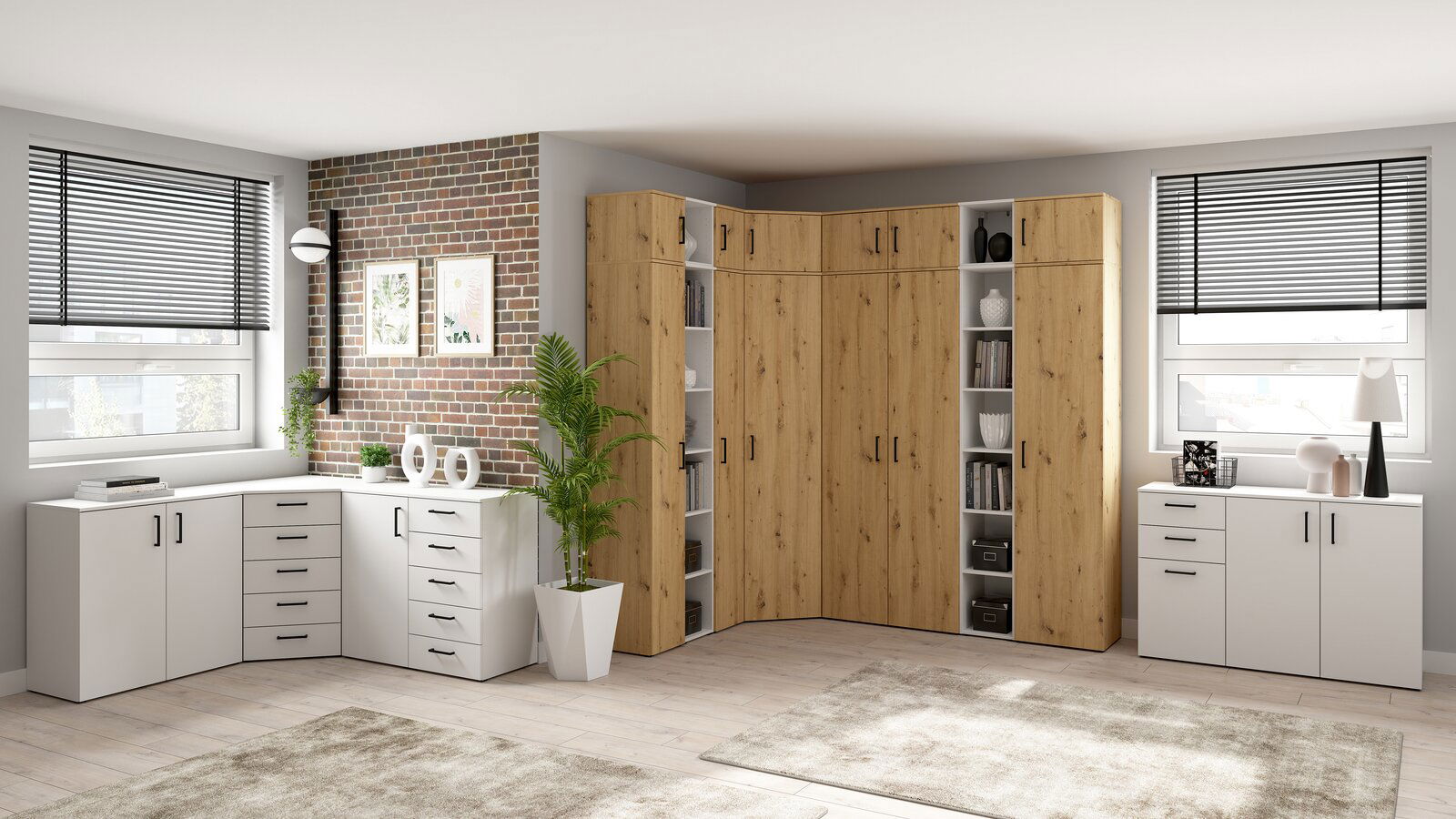 Carryhome Abdeckboden MULTISTAURAUM Moderne Wohnzimmereinrichtung mit Eckschrankkombination in Holzoptik und weißen Kommoden, seitliche Perspektive