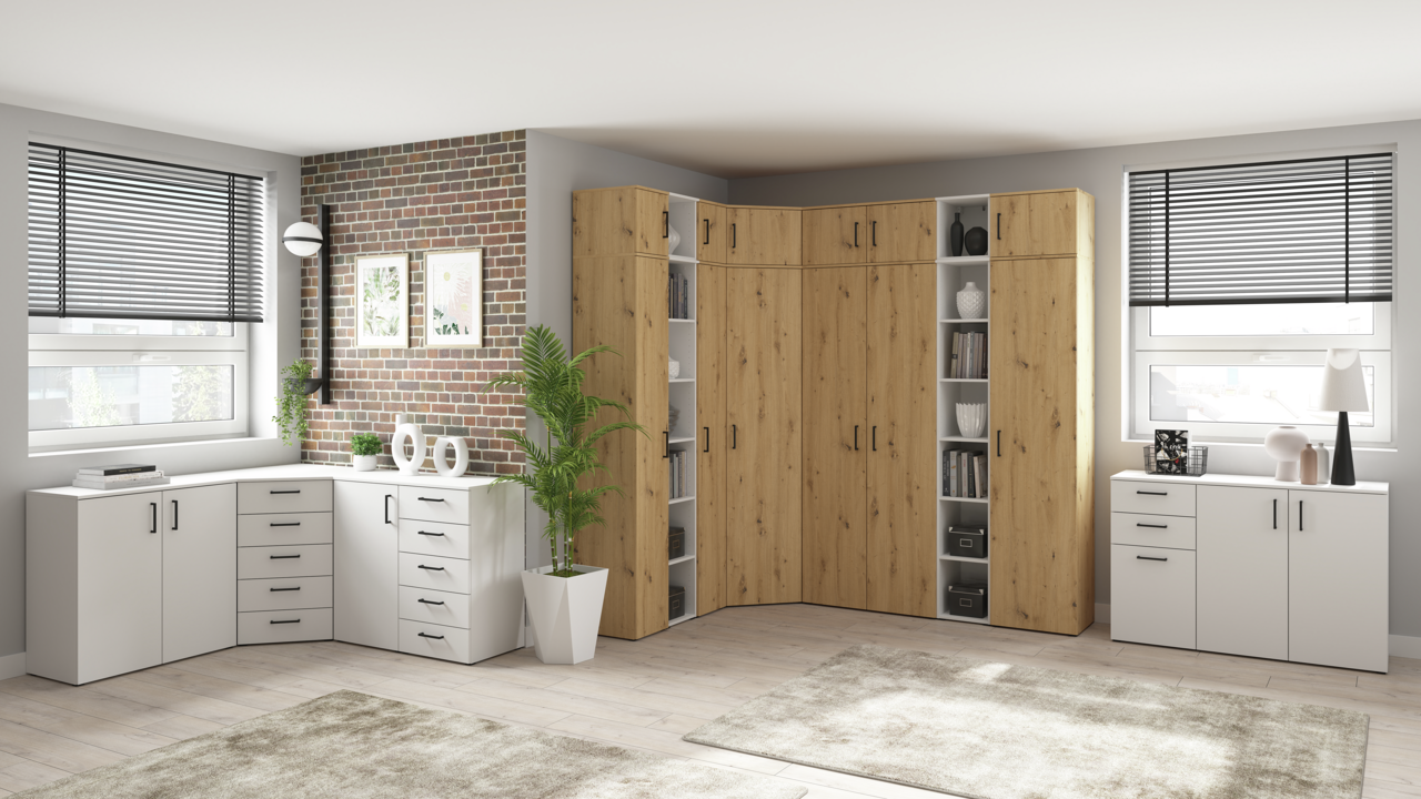 Moderne Wohnzimmereinrichtung mit Eckschrankkombination in Holzoptik und weißen Kommoden, seitliche Perspektive