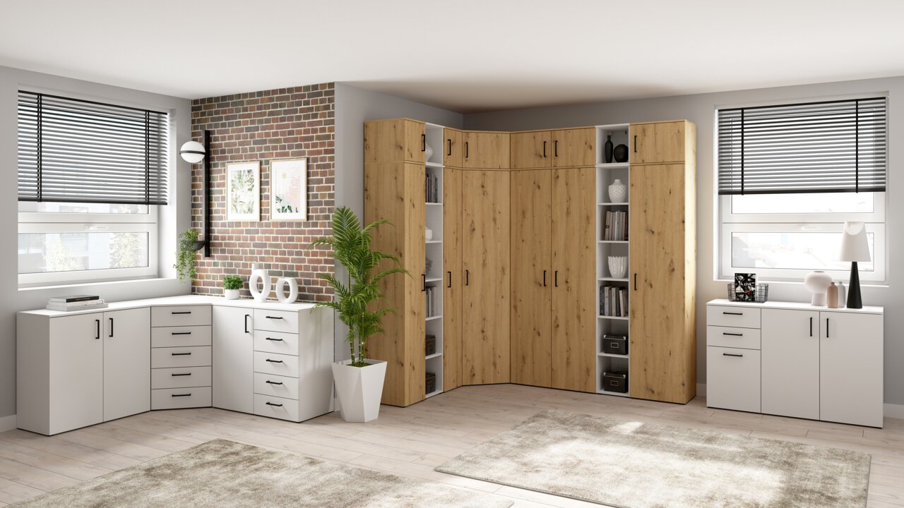 Carryhome Eckboden 2er MULTISTAURAUM Moderne Wohnzimmereinrichtung mit Eckschrankkombination in Holzoptik und weißen Kommoden, seitliche Perspektive